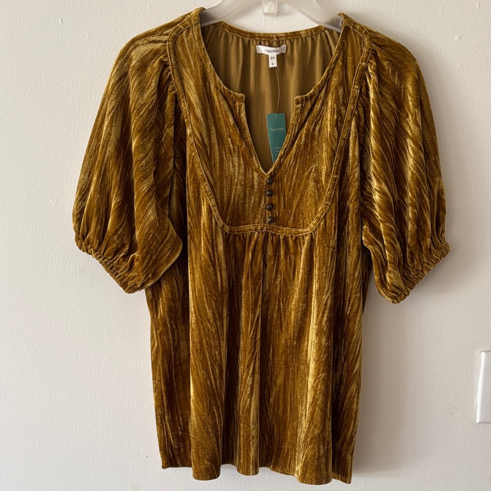 Maurices Gold Crushed Velvet Boho Peasant Casual Fall Top New With Tags small